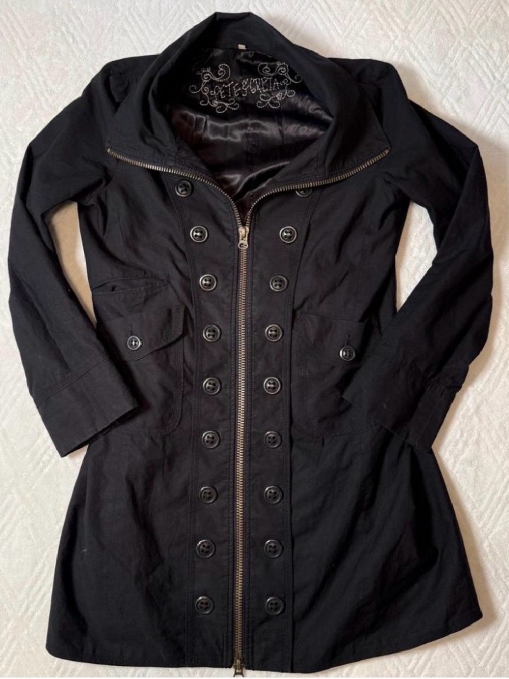 Johnny Was Pete and Greta Y2K Military Longline Black Jacket/Coat